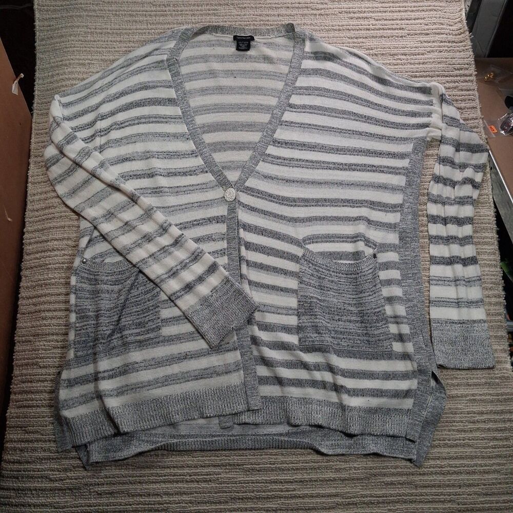 calvin klein jeans women xxl stripe cardigan sweater gray white pockets long top